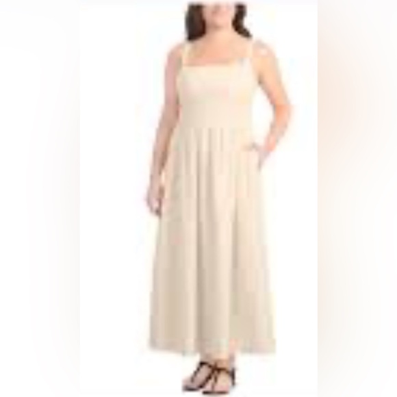 Dalia Beige Linen Blend Lined Dress with Pockets - Smocked Back - NWT - Picture 2 of 3